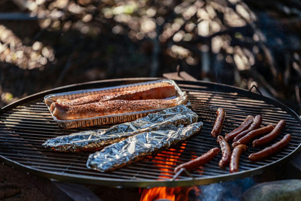 Budget camping meals, grilled foil packet with veggies and protein
